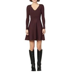 Sandro Women's Burgundy Ribbed Knit Long Sleeve Mini Dress Size XS